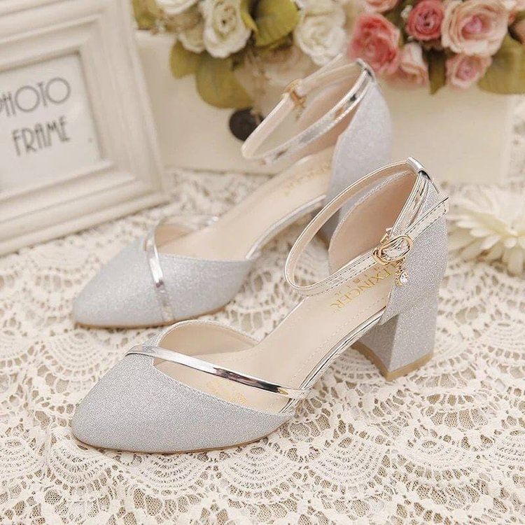 Strap Heel Ankle Pumps Glitter Chunky