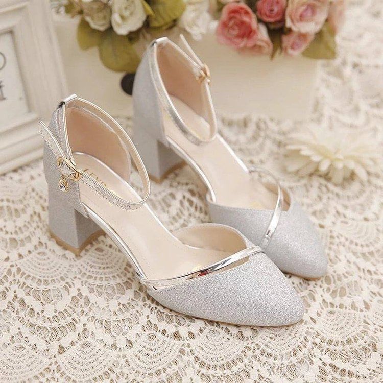 Strap Heel Ankle Pumps Glitter Chunky