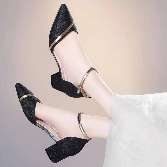 Strap Heel Ankle Pumps Glitter Chunky