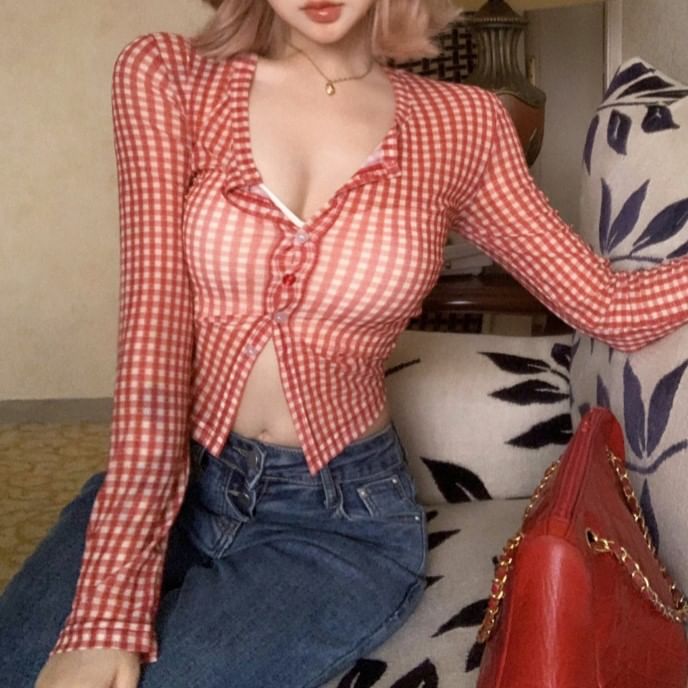 Sample Long-Sleeve Gingham Button-Up Crop Mesh Top
