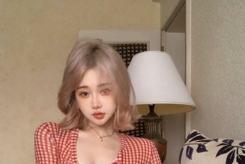 Sample Long-Sleeve Gingham Button-Up Crop Mesh Top