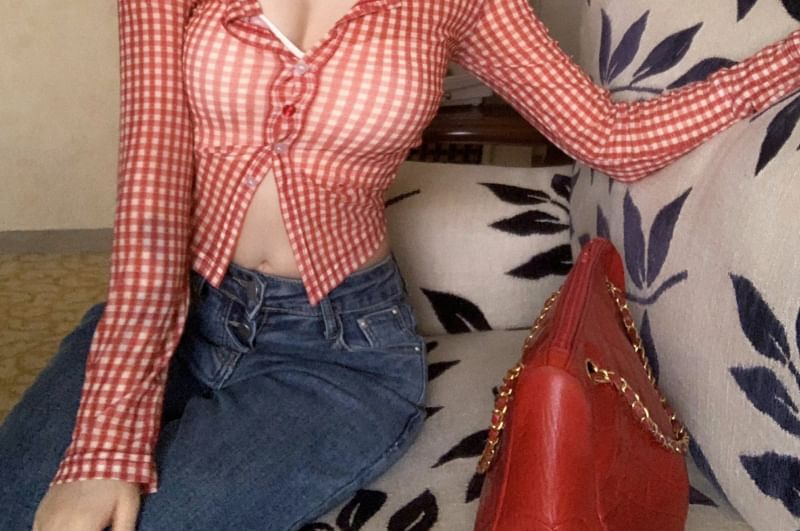 Sample Long-Sleeve Gingham Button-Up Crop Mesh Top