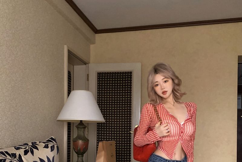 Sample Long-Sleeve Gingham Button-Up Crop Mesh Top