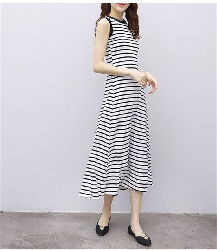 Crew Striped Neck Tank A-Line Midi Dress