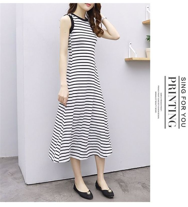 Crew Striped Neck Tank A-Line Midi Dress