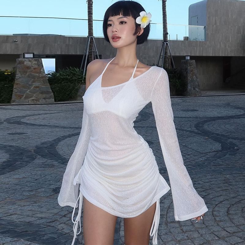 Drawstring Tee Plain Long-Sleeve One-Shoulder Sheer