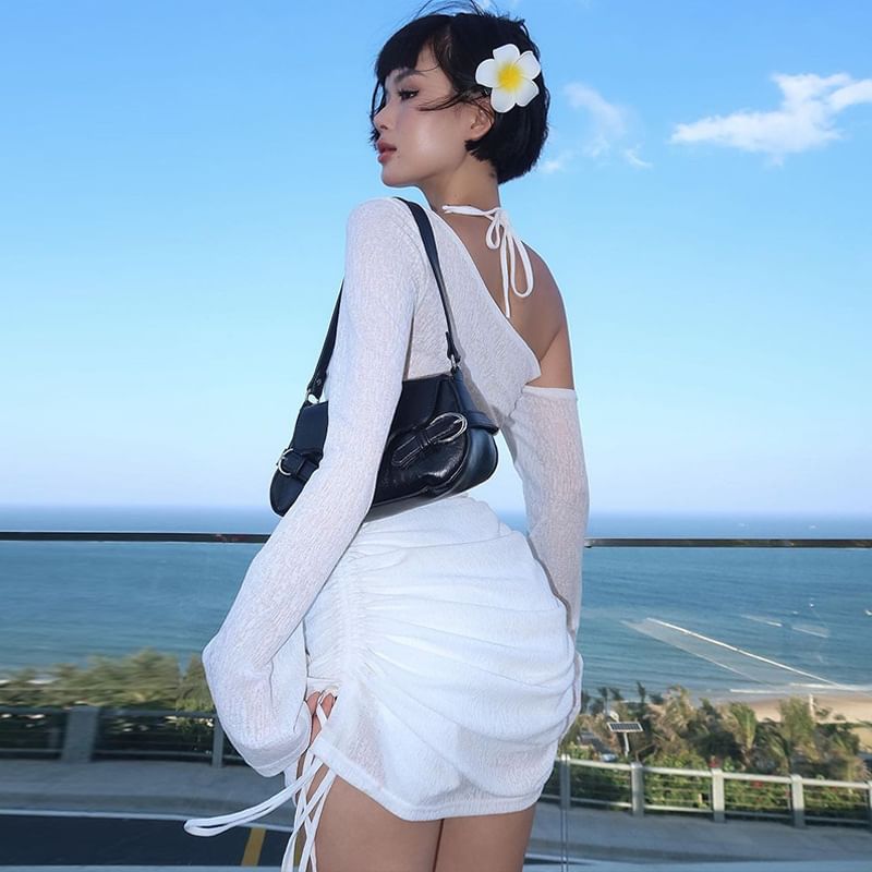 Drawstring Tee Plain Long-Sleeve One-Shoulder Sheer