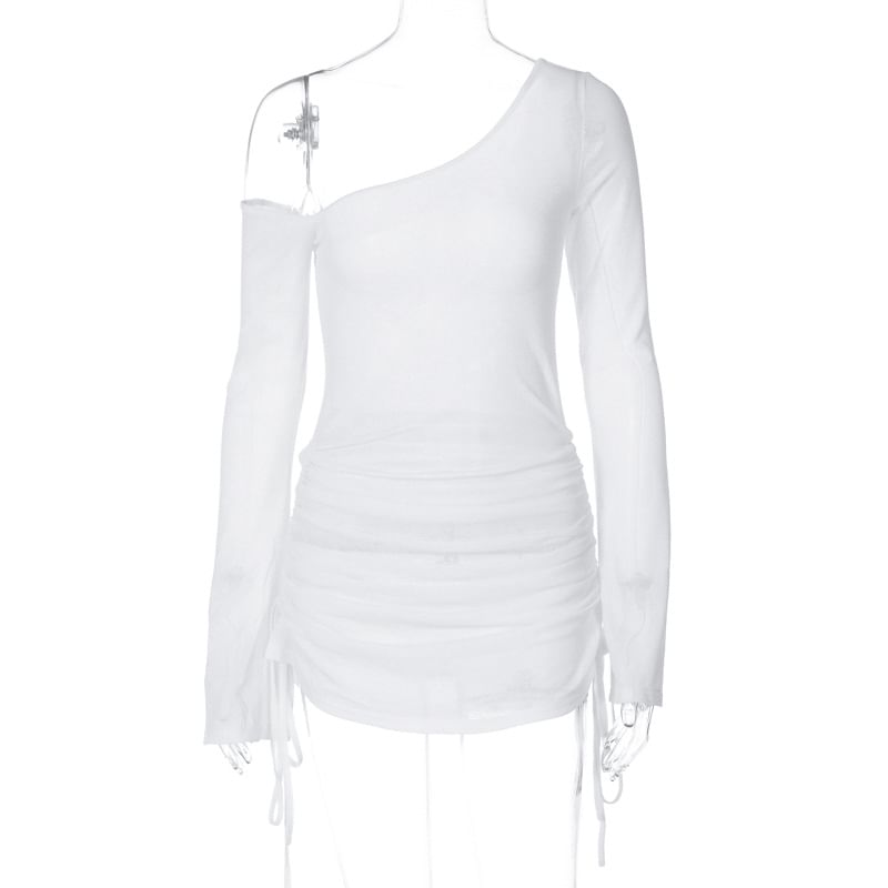 Drawstring Tee Plain Long-Sleeve One-Shoulder Sheer