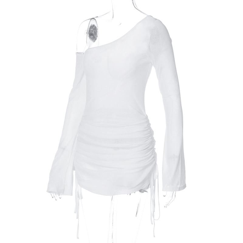 Drawstring Tee Plain Long-Sleeve One-Shoulder Sheer