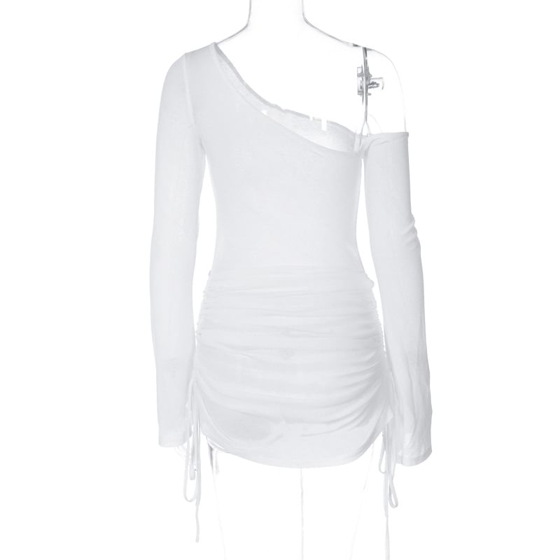 Drawstring Tee Plain Long-Sleeve One-Shoulder Sheer