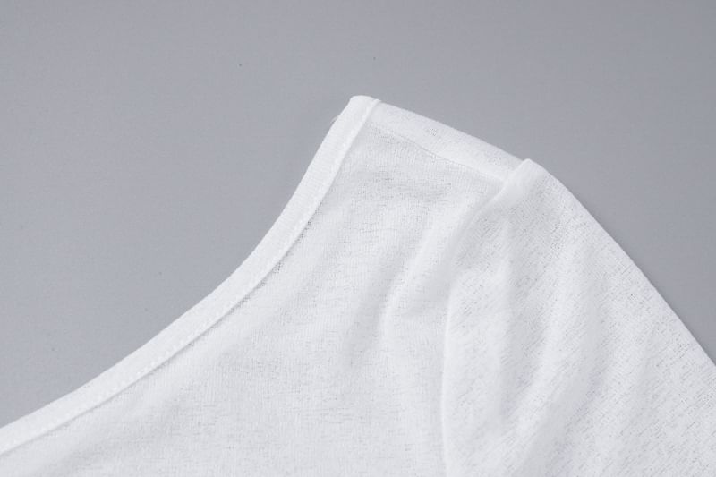 Drawstring Tee Plain Long-Sleeve One-Shoulder Sheer