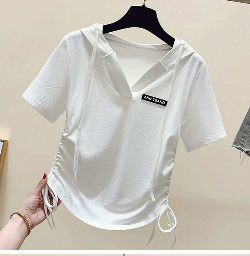 Lettering Short-Sleeve V-Neck Tee Drawstring