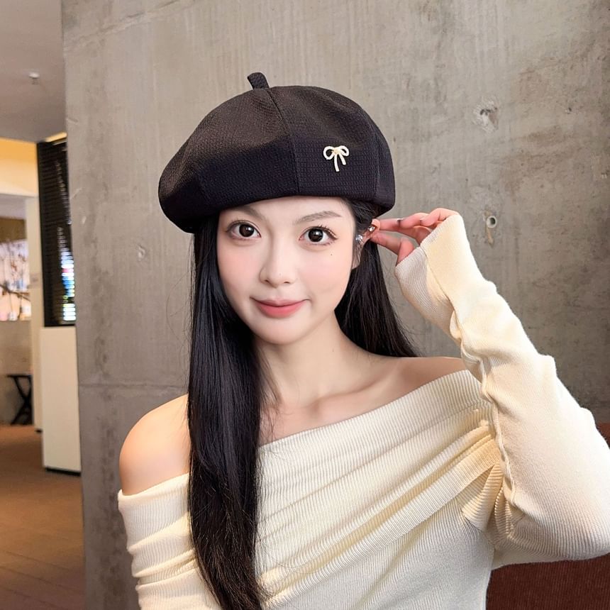 Faux Pearl Rhinestone Bow Beret