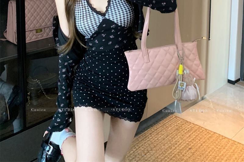 SamplePlaid Panel Crop Cami Top / Floral Print Cardigan / Mini Dress