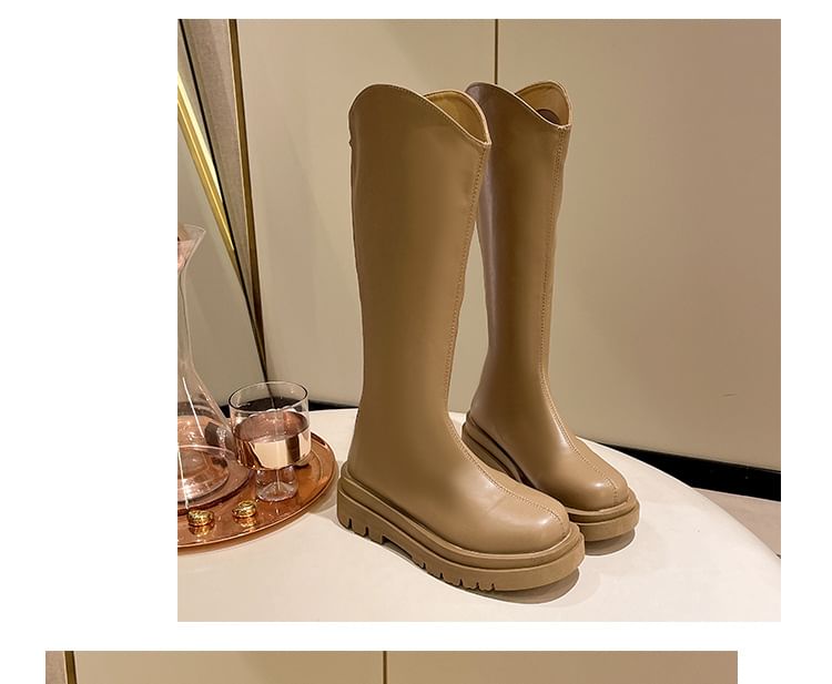 Leather Boots Tall Zip-Up Platform Plain Faux