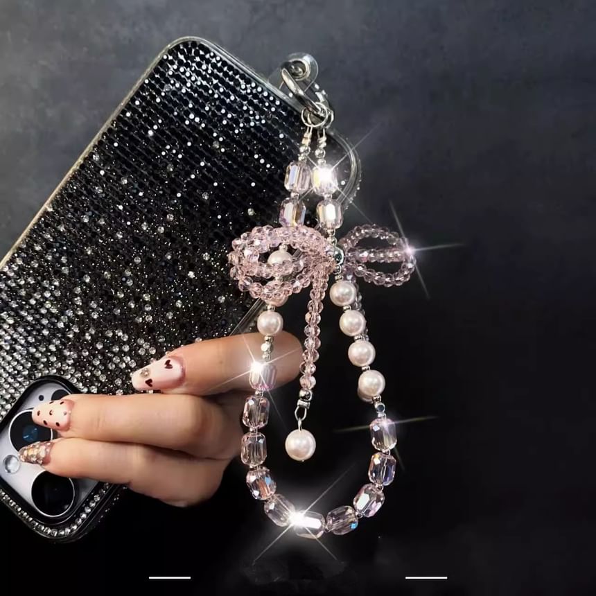 Faux Strap Phone Crystal Pearl with Bow Pad Lanyard