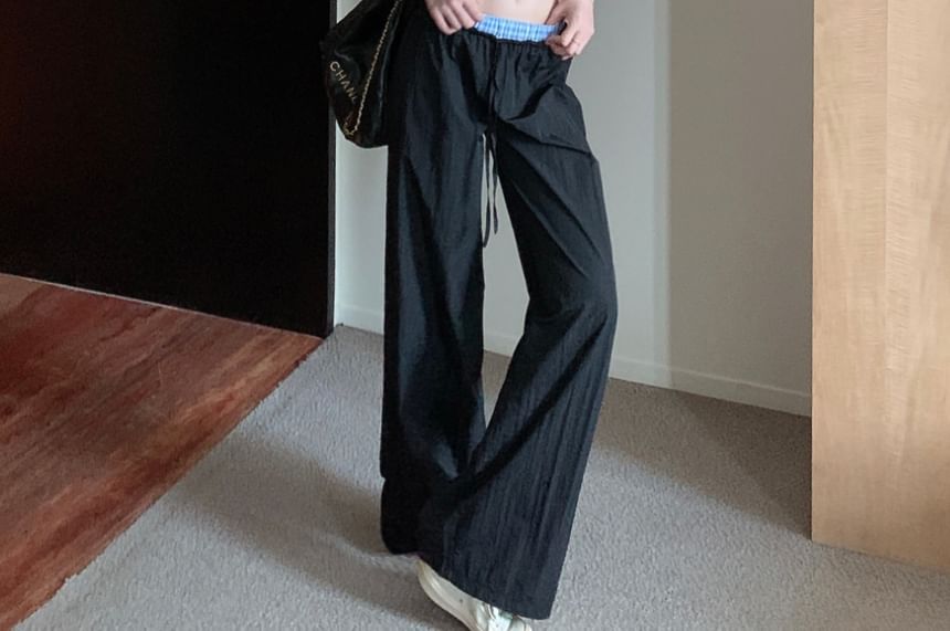 Halter V-Neck Gingham Button-Up Crop Top / Low Waist Wide Leg Pants