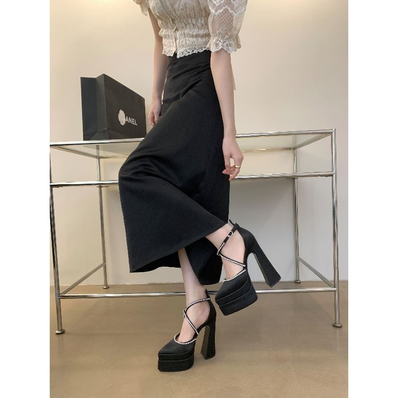 Chunky Heel Pointed Toe Rhinestone Accent D'Orsay Pumps
