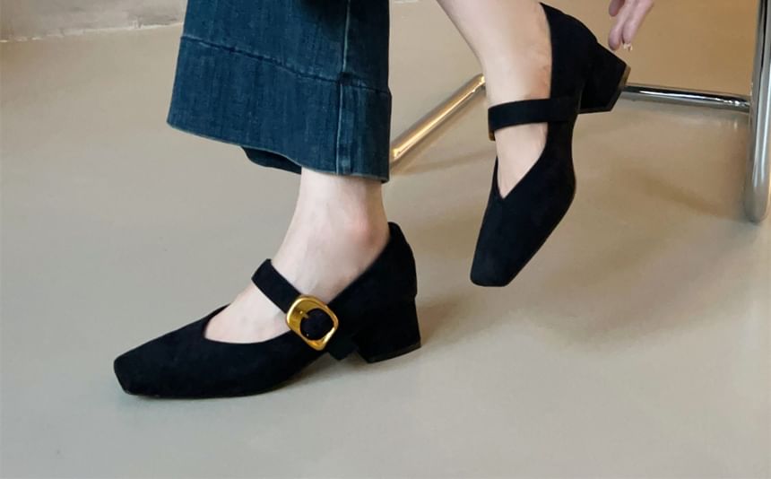 Chunky Heel Buckled Faux Suede Mary Jane Pumps