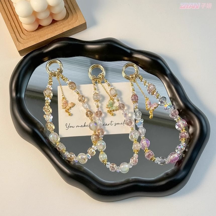 Crystal Faux Pad with Butterfly Lanyard Phone Strap