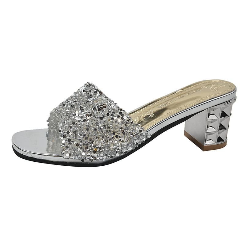 Chunky Rhinestone Sandals Slide Heel