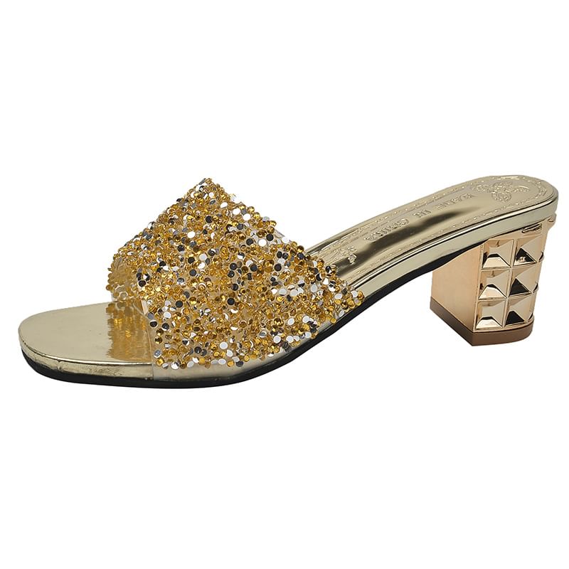 Chunky Rhinestone Sandals Slide Heel