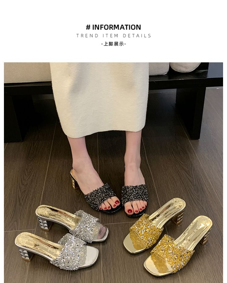 Chunky Rhinestone Sandals Slide Heel