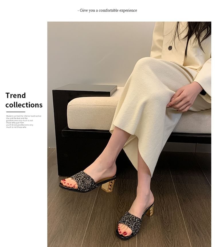 Chunky Rhinestone Sandals Slide Heel