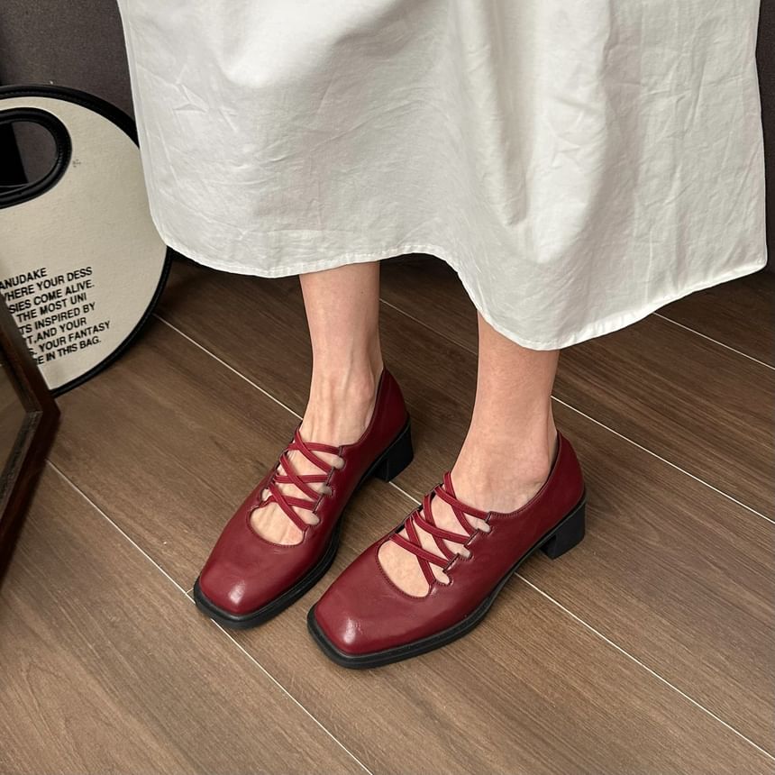 Chunky Mary Lace-Up Pumps Heel Jane Square Toe Plain