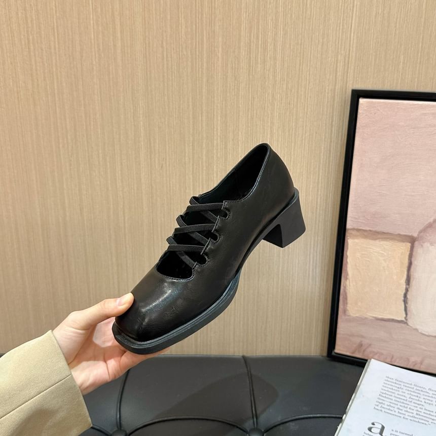 Chunky Mary Lace-Up Pumps Heel Jane Square Toe Plain