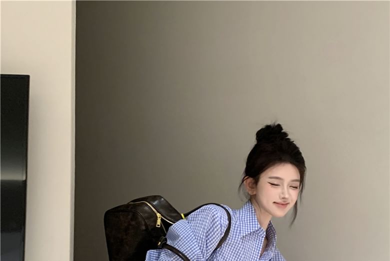Wholesale Sample Long-Sleeve Henley Plaid Pocket Front Pleated Hem Mini Shirt Dress
