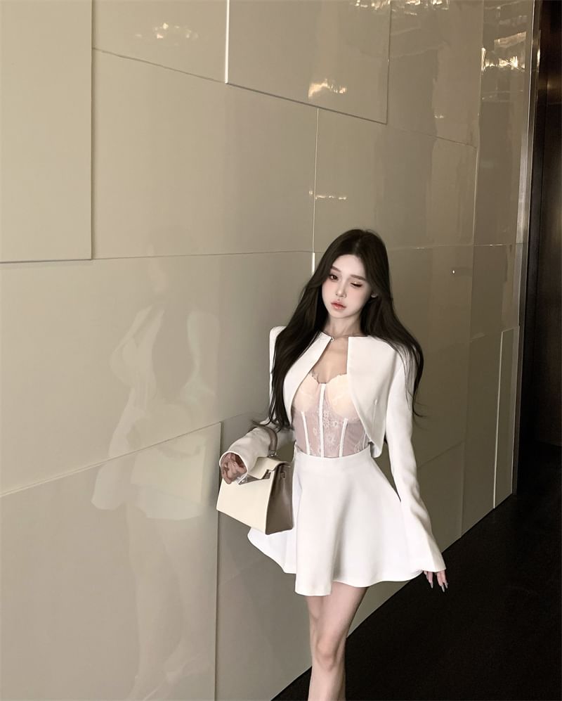 Plain Cropped Open Front Jacket / High Rise Mini A-Line Skirt / Lace Bustier Top