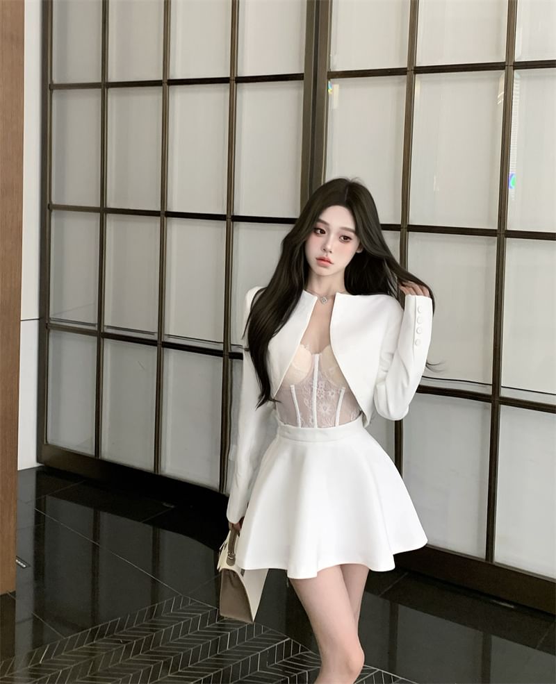 Plain Cropped Open Front Jacket / High Rise Mini A-Line Skirt / Lace Bustier Top