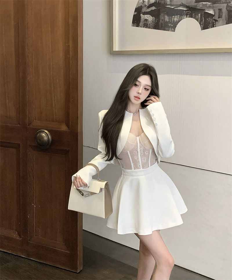 Plain Cropped Open Front Jacket / High Rise Mini A-Line Skirt / Lace Bustier Top