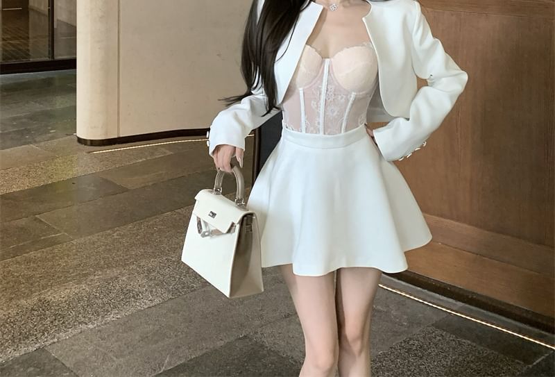 Plain Cropped Open Front Jacket / High Rise Mini A-Line Skirt / Lace Bustier Top