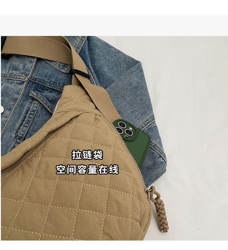 Nylon Plain Quilted Crossbody Zip Bag