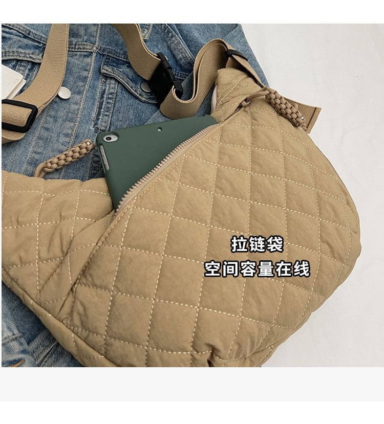 Nylon Plain Quilted Crossbody Zip Bag