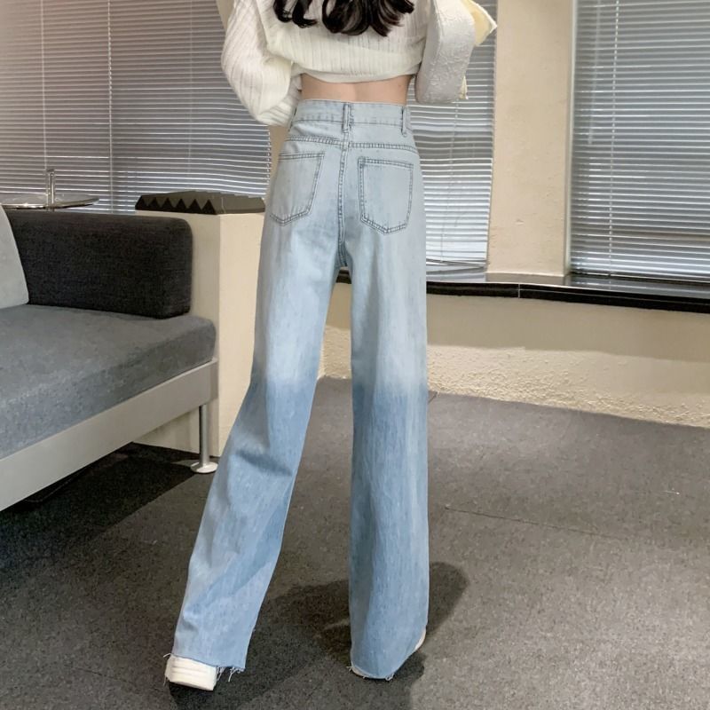 Jeans Leg High Wide Waist Gradient Washed Distressed
