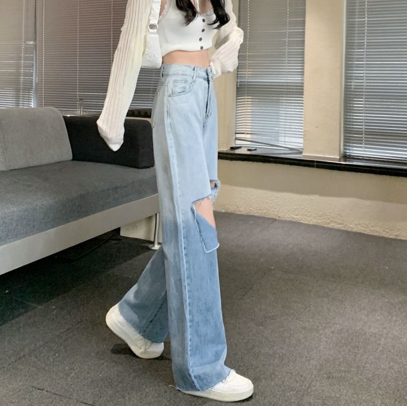 Jeans Leg High Wide Waist Gradient Washed Distressed