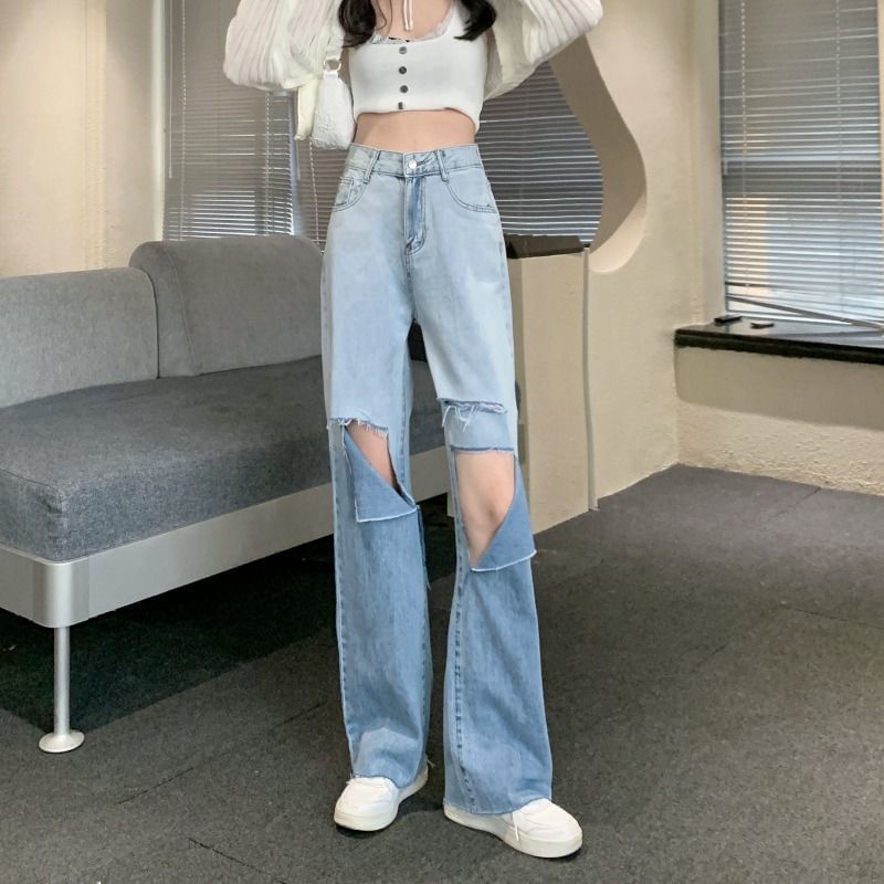 Jeans Leg High Wide Waist Gradient Washed Distressed
