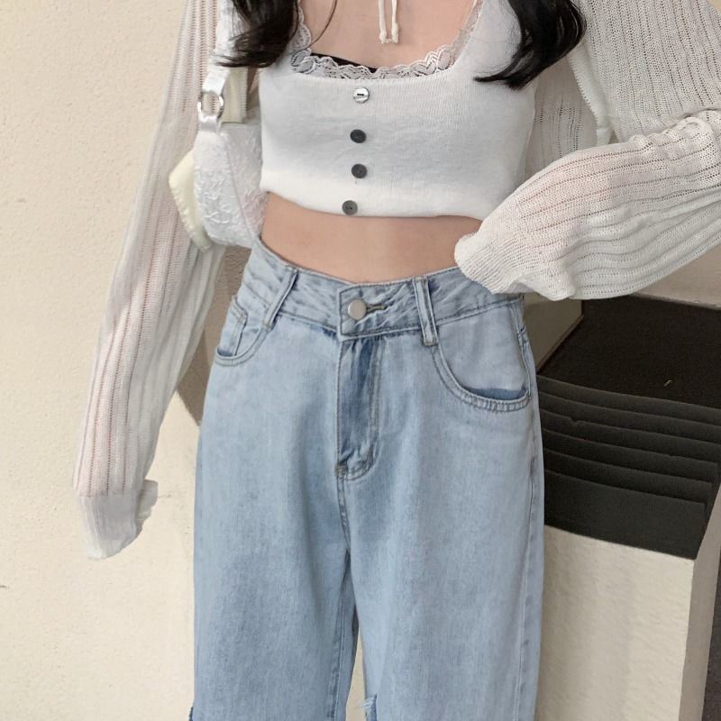 Jeans Leg High Wide Waist Gradient Washed Distressed