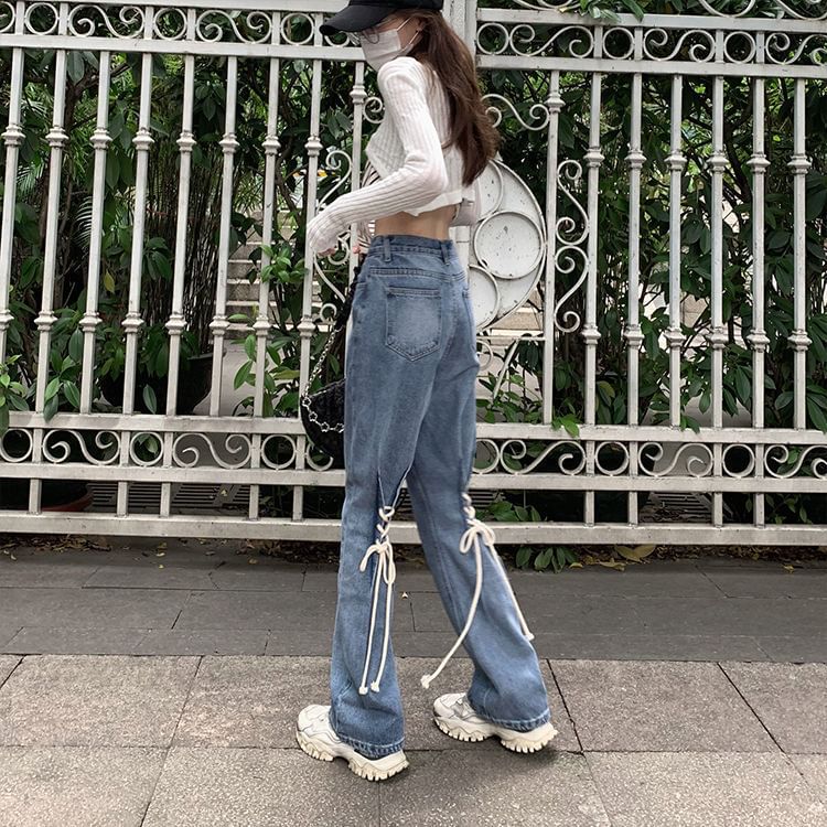 Washed High Flared Jeans Rise Up Lace