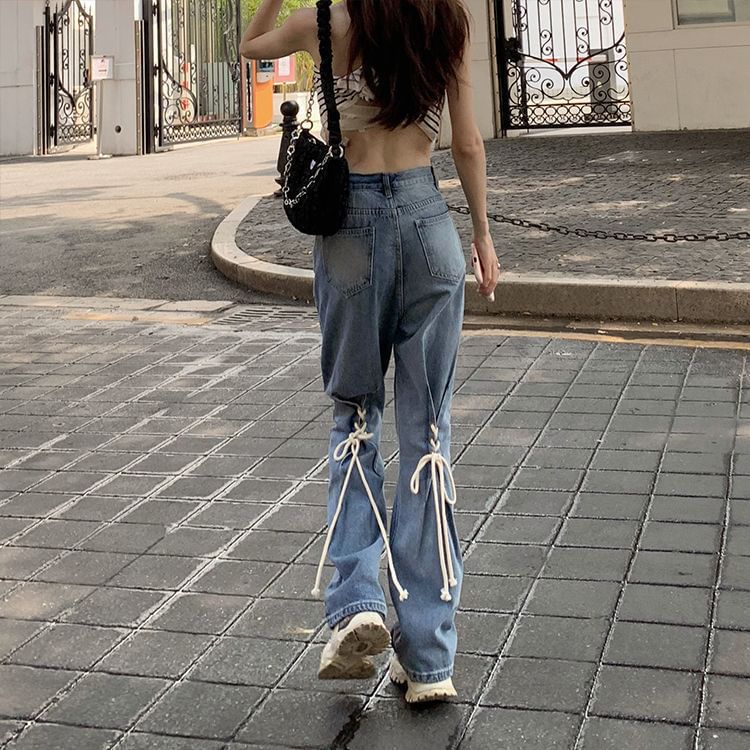 Washed High Flared Jeans Rise Up Lace