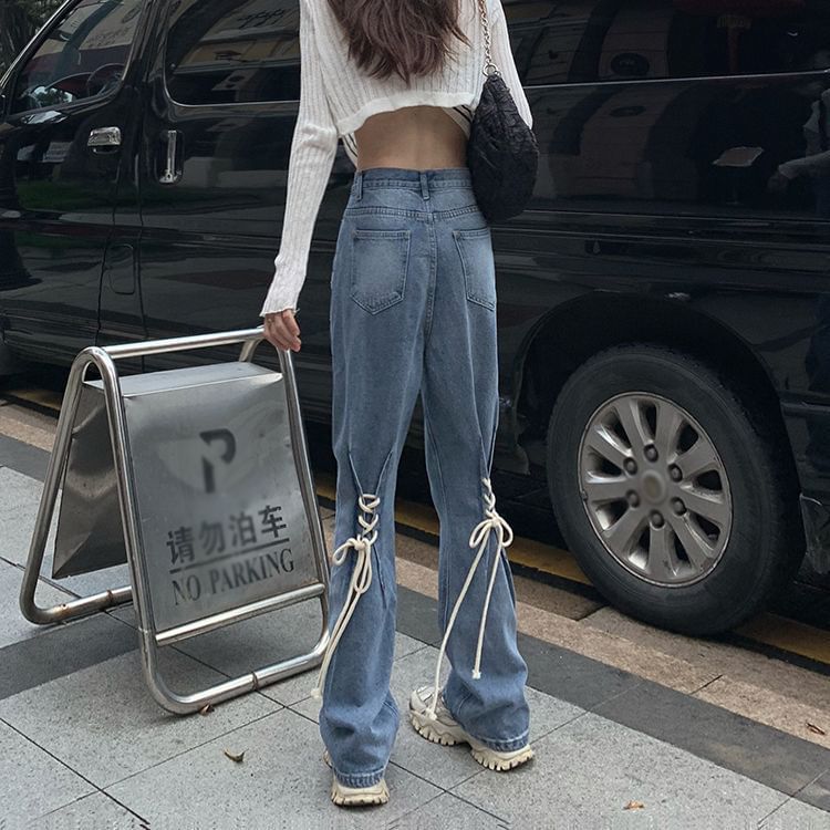Washed High Flared Jeans Rise Up Lace