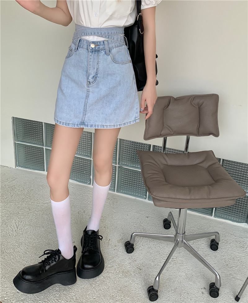 Skirt Washed Tie Rise Back High A-Line Mini Denim