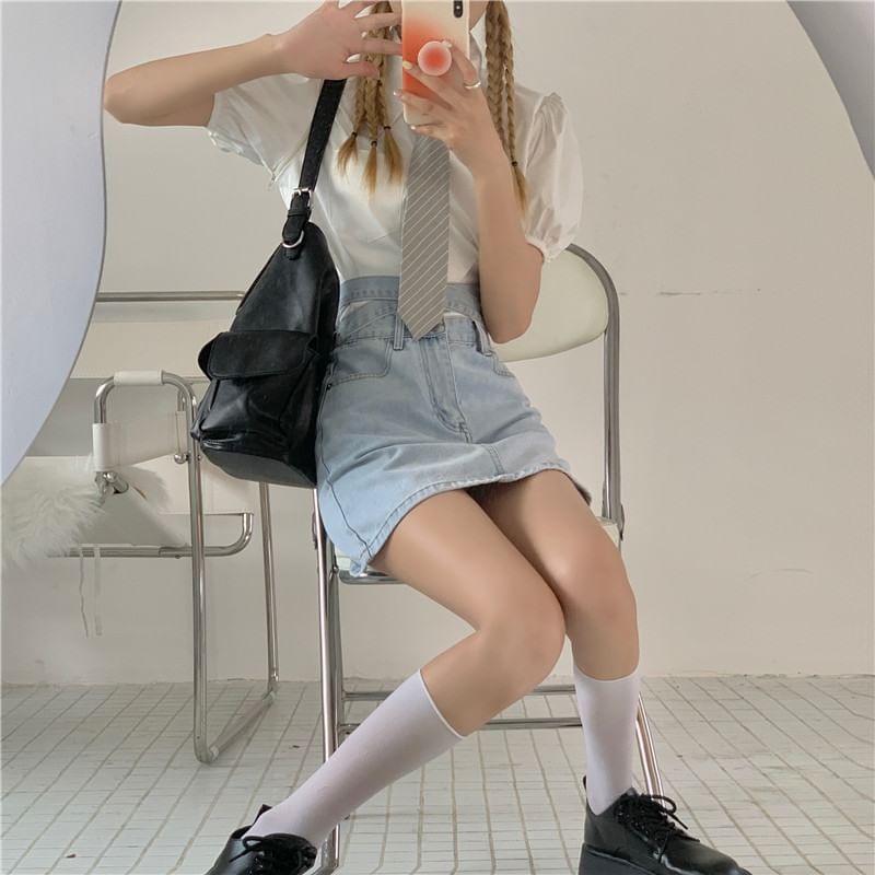 Skirt Washed Tie Rise Back High A-Line Mini Denim