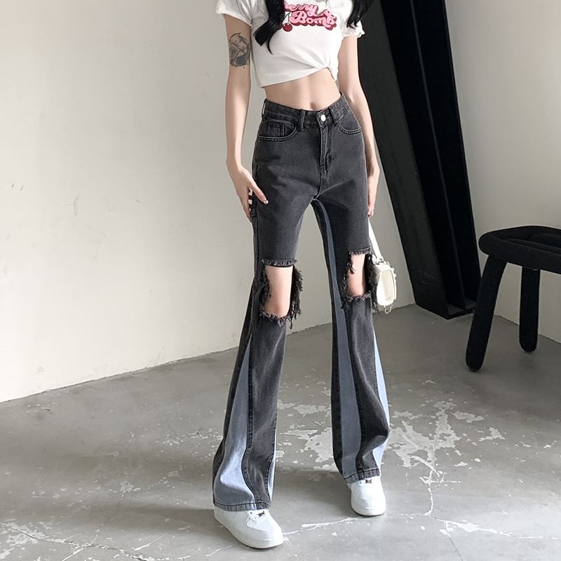 Jeans High Panel Distressed Flared Waist Washed