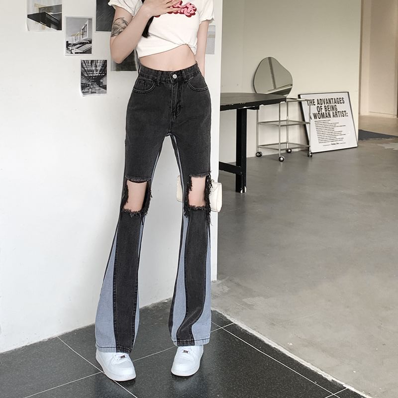 Jeans High Panel Distressed Flared Waist Washed