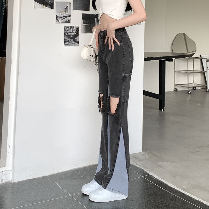 Jeans High Panel Distressed Flared Waist Washed