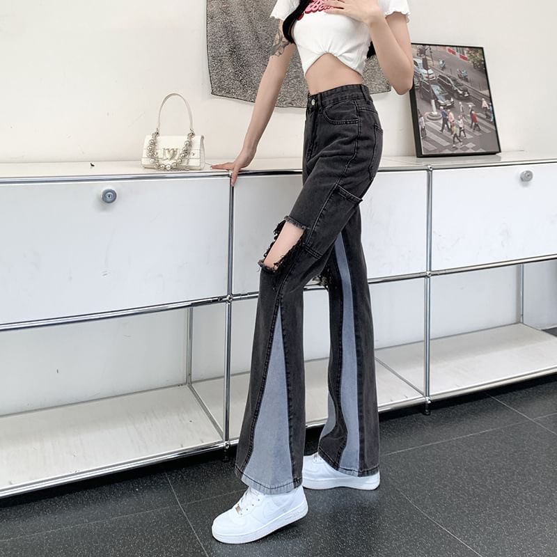 Jeans High Panel Distressed Flared Waist Washed